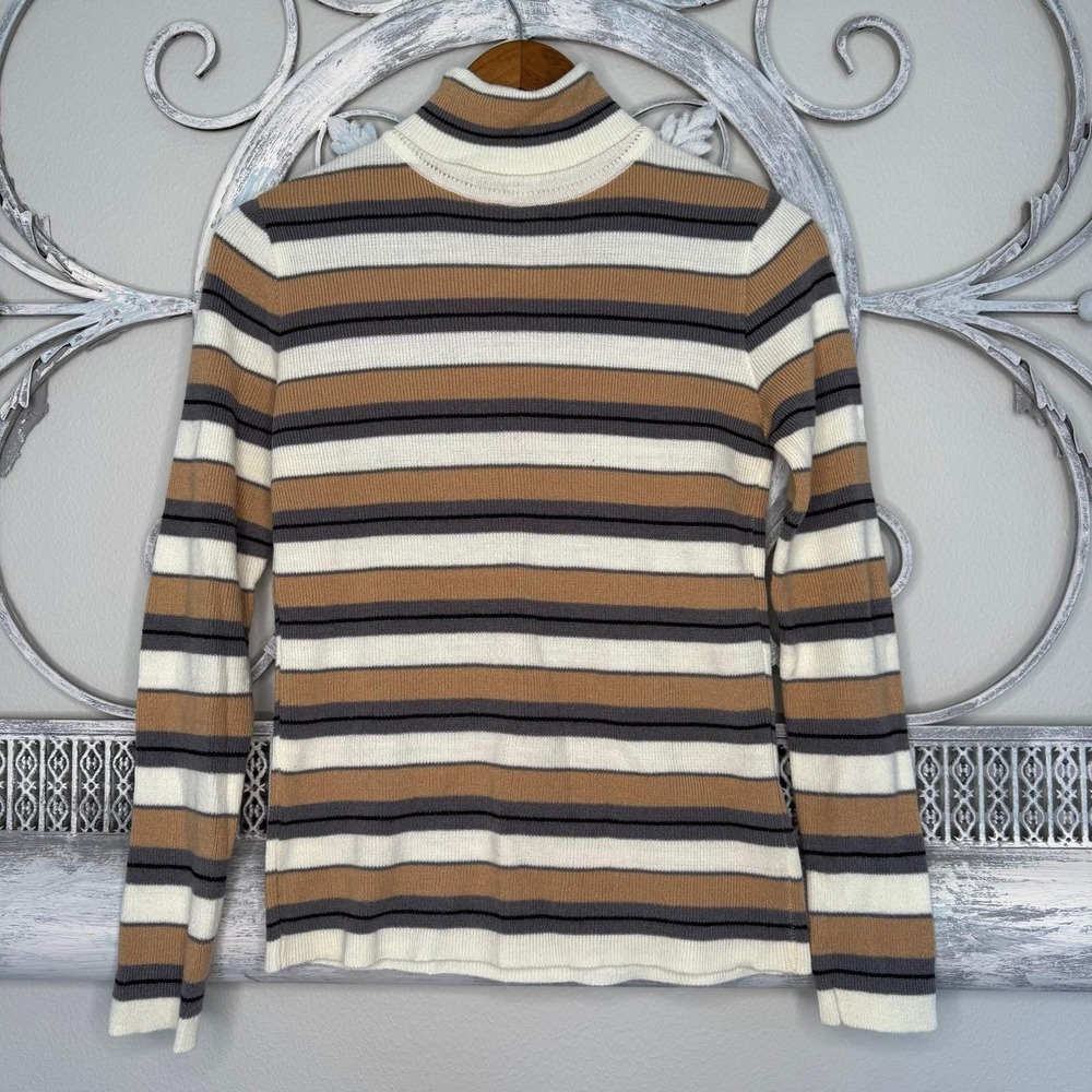 Vintage 1970's Dayne Taylor Striped Turtleneck Sweater Brown Ribbed Back Zip S